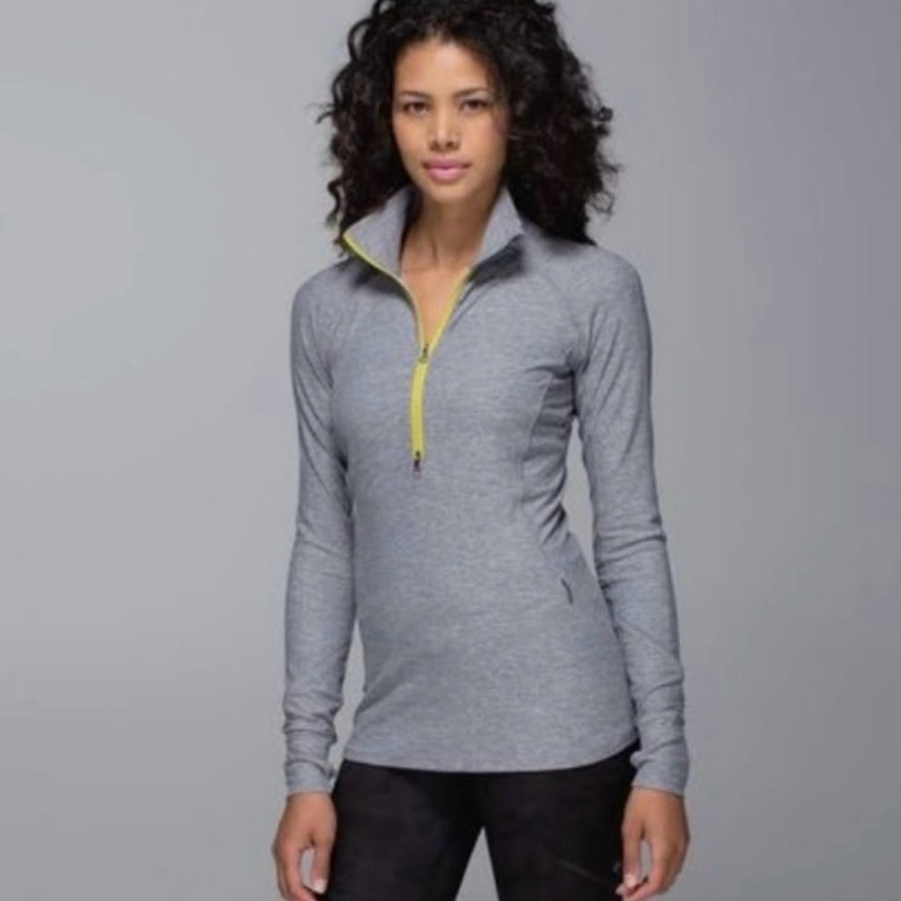 Lululemon Race Your Pace 1/2 Zip Pullover Heathered Slate 2 way yellow zipper